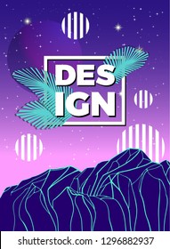Vector poster with geometric mountain, palm leaves and striped circles. Modern abstract background. 