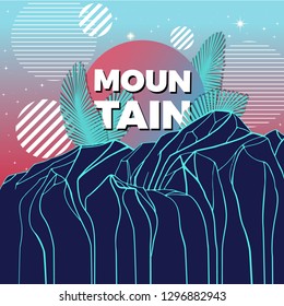 Vector poster with geometric mountain, palm leaves and striped circles. Modern abstract background. 