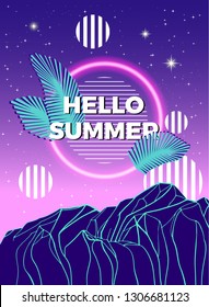 Vector poster with geometric mountain, palm leaves and neon circle. Modern abstract background. 
