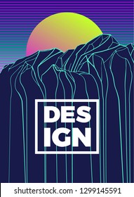 Vector poster with geometric mountain, and striped background. Modern abstract background, retrowave design. 