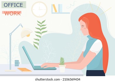 Afiche vectorial con una chica en la computadora. Trabajador de oficina. Diseño plano.	