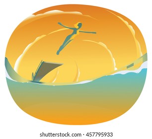 vector poster girl jumping into the pool, hot summer day, flight, 