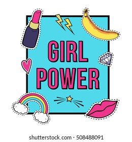 Vector poster "Girl Power" with cute fashion patch badges: lips, rainbow, star, diamond, lipstick. Trendy collection of stickers, pins, patches in cartoon comic style.