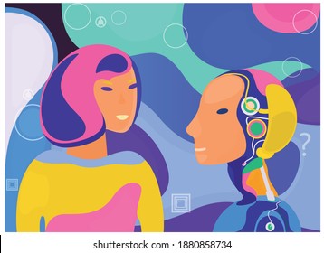 Vector poster with a girl and a robot. Robot assistant. Communication with the robot.