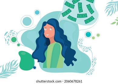 Vector poster with a girl with thoughts of money.