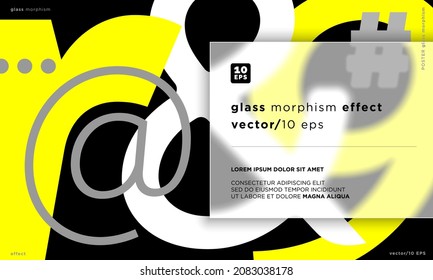 Vector Poster in glass morphism style. Translucent, frosted glass with different letters and typographic symbols.

