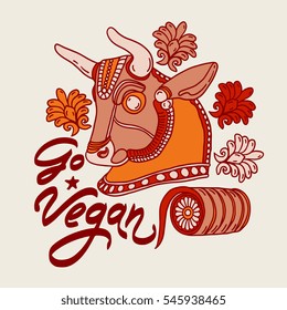 Vector poster "Go Vegan" with bull head doodle and abstract floral elements