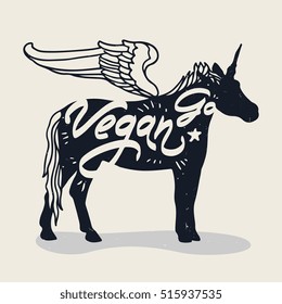 Vector poster "Go Vegan" with isolated unicorn silhouette
