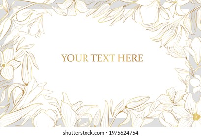 Vector poster with golden flowers in line art style and with place for text.