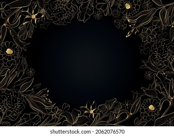 Vector poster with golden flowers and plants in style on a black background. Flowers in line art style.