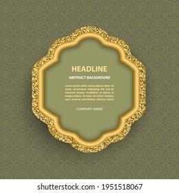 Vector poster with golden glittering arabic frame template on pattern background.