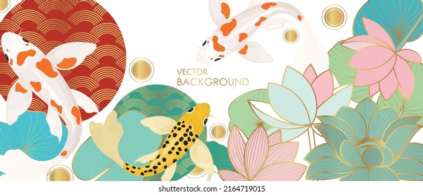 Vector poster with golden lily flowers and carp. Japanese poster. Line art style.	