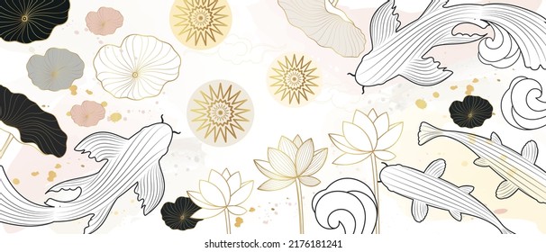 Afiche vectorial con flores de lirio dorado y carpa koi. Afiche japonés. Estilo de arte de línea