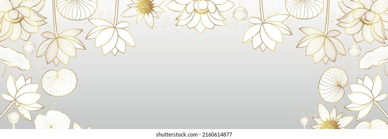 Vector poster with golden lotus flowers on a gray background. Golden lotus flowers in line art style.