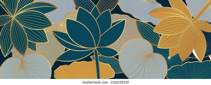 Vector poster with golden lotus flowers on a dark blue background. Golden lotus flowers in line art style.