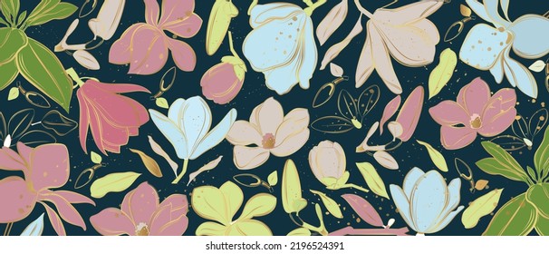 Vector poster with golden magnolia flowers on a black background. Line art style.	