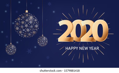 Vector poster with golden numbers 2020, firework and snowflakes balls for Happy New Year. Bright gold date 2020 for greeting, card, invitation on trendy classic blue background. Xmas minimal design.