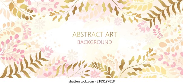 Vector poster with golden plants and flowers on a watercolor background. Abstract background.	