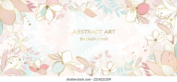 Vector poster with golden plants and flowers on a watercolor background. Abstract background.