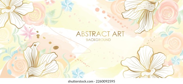  Vector poster with golden plants and flowers on a watercolor background. Abstract background.