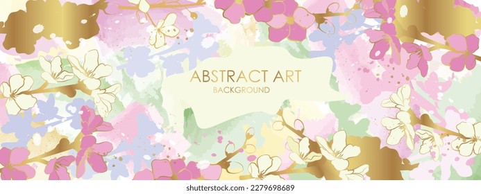 Vector poster with golden plants and flowers on a watercolor background. Abstract background.