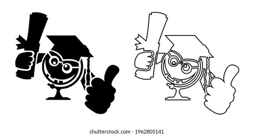 Vector poster for graduation ceremony. Funny and smiley character for prins and posters. Black and white illustration, glyph style art design