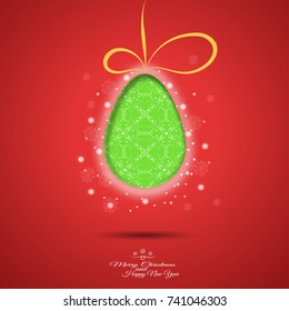 Vector poster with green Christmas egg with abstract pattern cut from paper with shadow on red gradient background with snowflakes.
