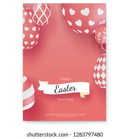 Vector poster with greeting Happy Easter holidays. Banner in trendy single color. White ribbon in vintage, old school style with design of greeting text. Easter eggs in three-dimensional style