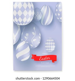 Vector poster with greeting Happy Easter holidays. Creative banner in trendy minimalistic contrast colors. Red ribbon in old school style with design of text. Easter eggs in three-dimensional style