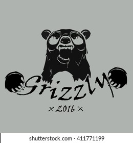 Vector poster Grizzly 2016! Grizzly bear holding a sign. Grey background