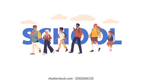 Vector Poster With Group Of Diverse School Children Walking Together With Backpacks. They Are Smiling And Enjoying Time