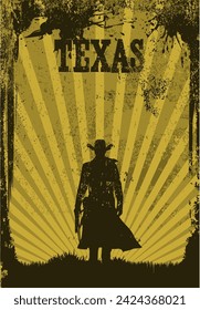 Vector Poster Grunge Textur Style - Vintage Texas Western Cowboy mit Hut und Coat - Sunams in Retro Design