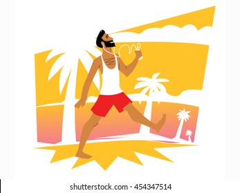 vector poster the guy goes along the solar street with palm trees