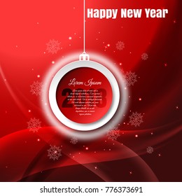 Vector poster to Haappy New Year with hanging Christmas ball with text and shadow on the red gradient ackground with snowflakes and waves.