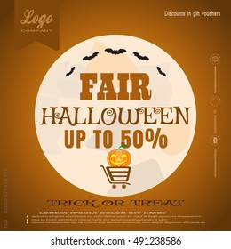Vector poster of Halloween fair with pumpkin, bats, moon and cart.