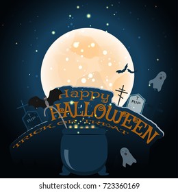 Vector poster for Halloween with full moon, flock of bats, headstones, grave crosses, ghosts, magic cauldron and text on the gradient dark blue background.