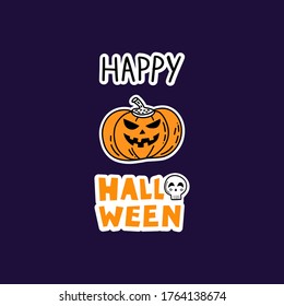 vector poster for Halloween in hand drawn doodle style with pumpkin and happy halloween lettering