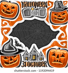 Vector poster for Halloween holiday, orange carved pumpkins, moon and bat above tombstones, original typeface for words halloween 31 october, placard with spooky Jack o Lanterns and cobweb background.