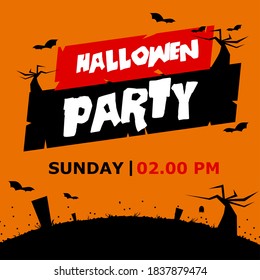 vector poster Halloween party with background orange, bat, three, and night time.