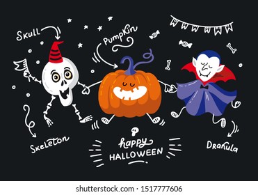 Vector poster of Halloween party invitations or greeting cards with calligraphy lettering. Flat chalk illustration of dancing pumpkin, vampire Dracula, skull. Funny All saint's Day.
