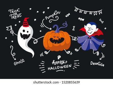 Vector poster of Halloween party invitations or greeting cards with calligraphy lettering. Flat chalk illustration of dancing pumpkin, ghost, dracula, skull. Funny All saint's Day.