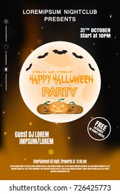 Vector poster for Halloween party night with full moon, flock of bats, group of pumpkins on the gradient dark brown background with text.
