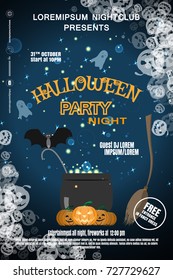 Vector poster for Halloween party night with witch's broom, magic cauldron with sparkles, bat, group of pumpkins, text on the gradient dark blue background with silhouettes of pumpkin.