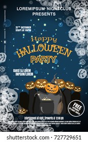 Vector poster for Halloween party night with group of witches, magic cauldron with sparkles, text on the gradient dark blue background with silhouettes of pumpkin.