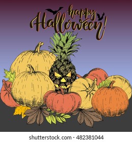 Vector poster for Halloween. Pineapple jack-o-lantern with set of pumpkins. Decorated with lettering, autumn leaves and dark background. Use for party or greeting card.