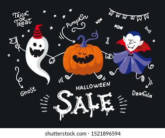 Vector poster of Halloween Sale invitations or greeting cards with calligraphy lettering. Flat chalk illustration of dancing kawaii pumpkin, ghost, vampire dracula, skull. Funny All saint's Day.