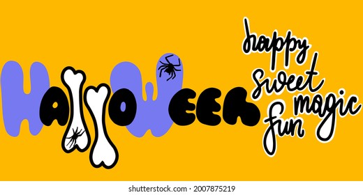 Afiche vectorial para Halloween con arañas. Tipo de letra manuscrita para la palabra halloween, texto con letras a mano para el título. Invitación a fiesta de vacaciones.