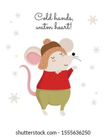 Vector poster with hand drawing cute winter rat in cozy clothes. Creative banner with funny mouse for New 2020 Year. Symbol the Chinese calendar. Doodle illustration. Winter holidays, baby shower.