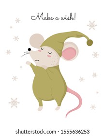 Vector poster with hand drawing cute winter rat in cozy clothes. Creative banner with funny mouse for New 2020 Year. Symbol the Chinese calendar. Doodle illustration. Winter holidays, baby shower.