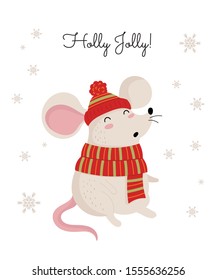 Vector poster with hand drawing cute winter rat in cozy clothes. Creative banner with funny mouse for New 2020 Year. Symbol the Chinese calendar. Doodle illustration. Winter holidays, baby shower.